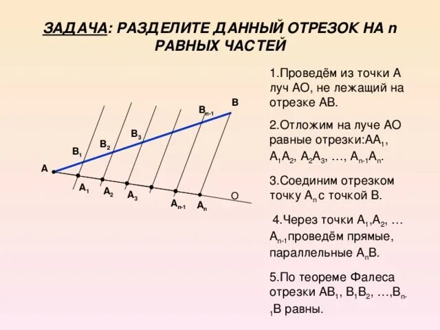 Теорема отрезков. Сформулируйте теорему фалеса 8 класс геометрия. теорема фалеса. деление отрезка на «п» равных частей. теорема фалеса деление отрезка на n равных частей. теорема фалеса равные отрезки.