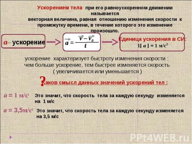 Ускорение является тем коэффициентом. Что называют ускорением тела. ускорение тела при его равноускоренном движении. ускорением тела при его равноускоренном движении называется. величина ускорения тела.