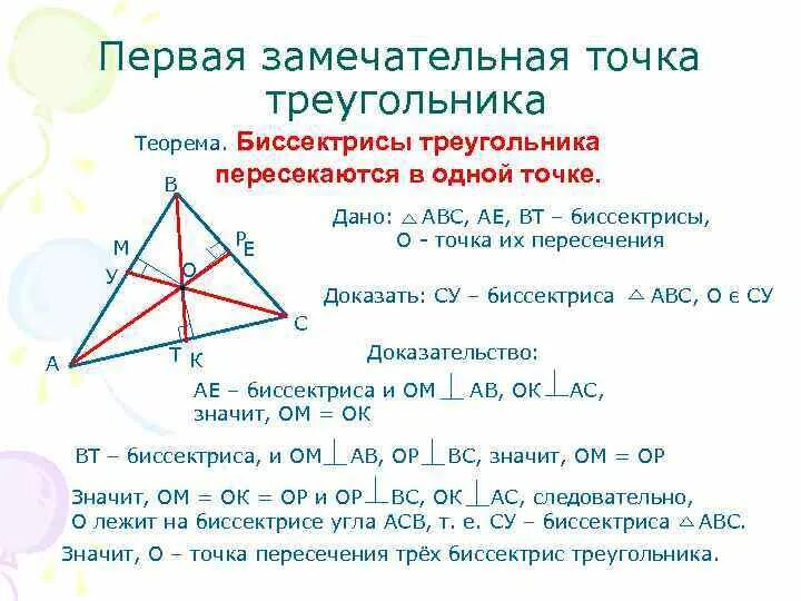 Класс найти длину биссектрисы треугольника. Замечательные точки треугольника. Первая замечательная точка треугольника. Биссектрисы треугольника пересекаются в одной. Замечательные точки треугольника Медианы.