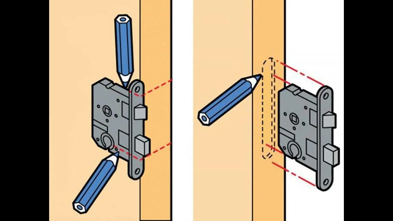 Как врезать межкомнатный замок своими руками. Схема врезания замка в дверь. Разметка петель и замка на межкомнатную дверь. Врезка ответной планки магнитного замка. Врезание замков в межкомнатные двери.