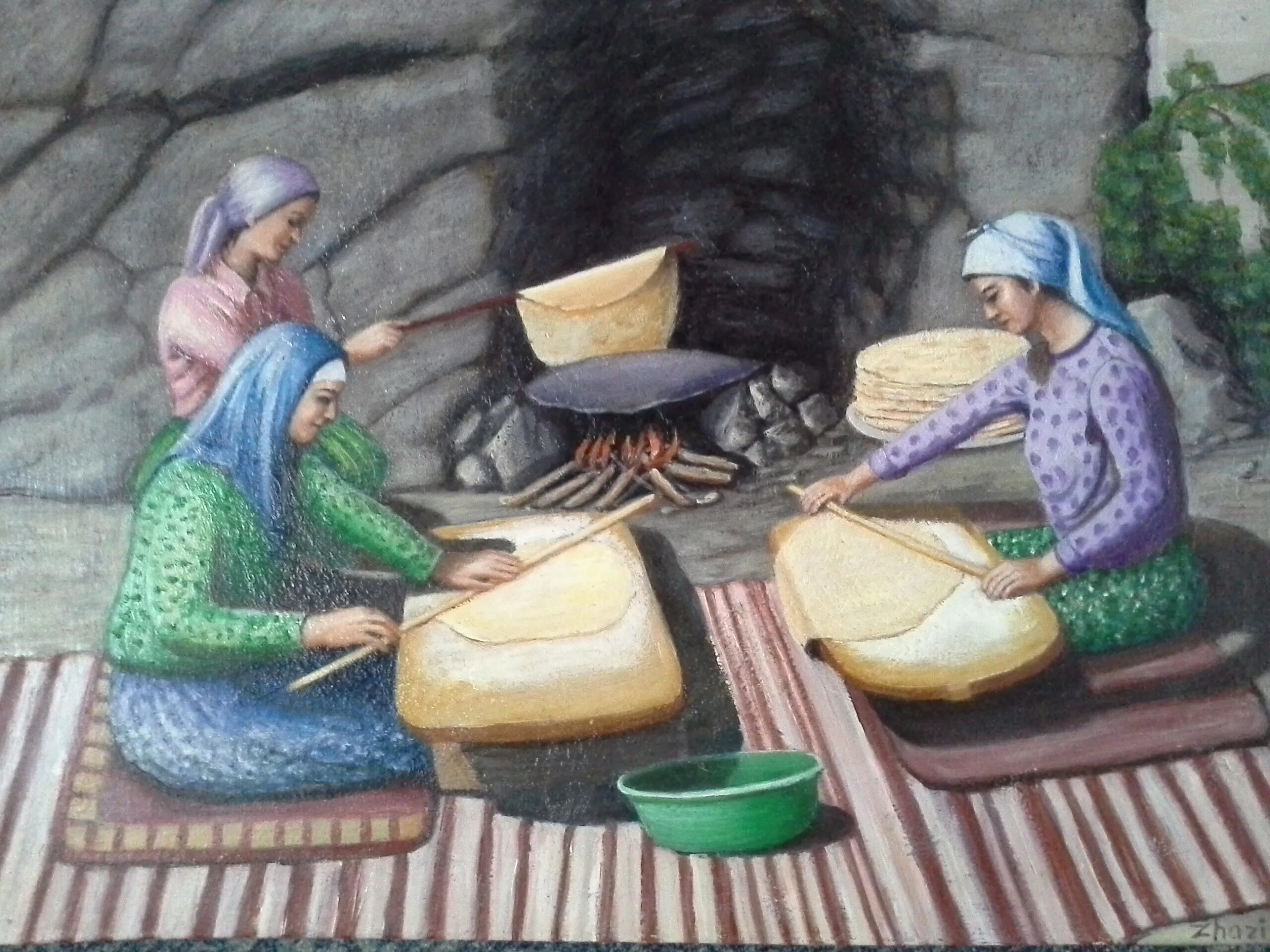 Женщина печет хлеб. Лезгинский хлеб. Пекут хлеб живопись. Лезгинский хлеб Хьран фу. Горянка печет хлеб.