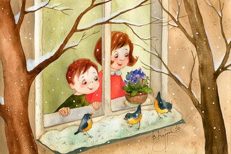 Сюжетная картина зима. Дети и птичка время года. Весна для детей. Третий месяц осени. Стень для детей.