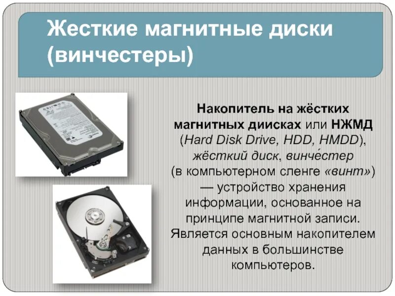 Назначение накопителя на жёстком диске НЖМД (HDD):. Схема строения на жестких магнитных дисках НЖМД. Жесткий магнитный диск Винчестер. Накопитель на жесткий магнитный диск Винчестер.