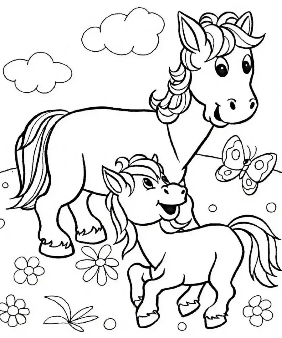 Рисунок лошади для раскрашивания. Раскраски животные для детей. Раскраска. Лошади. Раскраска с домашними животными для детей.