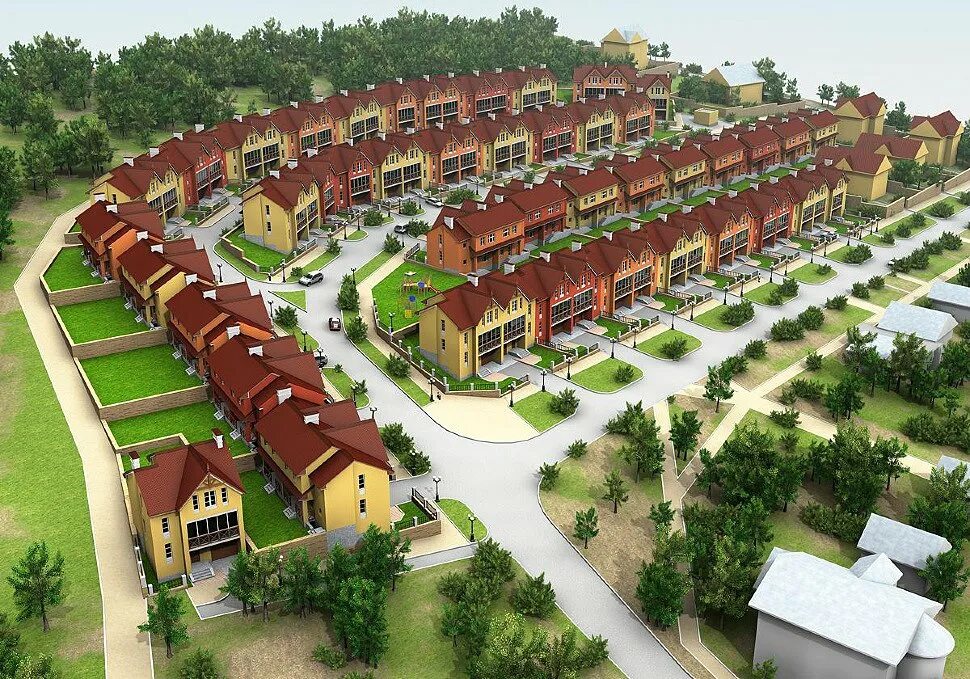 проектирование коттеджного поселка. жилой дом. одноэтажный блокированный дом. малоэтажная блокированная застройка. проекты таунхаусов.