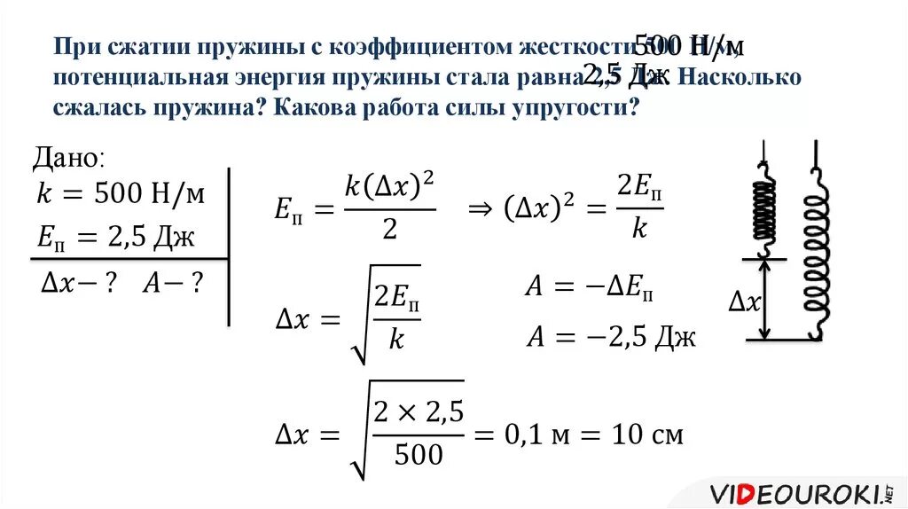 Чему равна максимальная потенциальная энергия пружины. Потенциальная энергия сжатия пружины. Потенциальная энергия пружины с силой. Потенциальная энергия упруго сжатой пружины. 22 10 2 дж