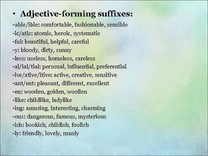 Forming adjectives. Able ible правило. Able ible упражнения. Adjective forming suffixes