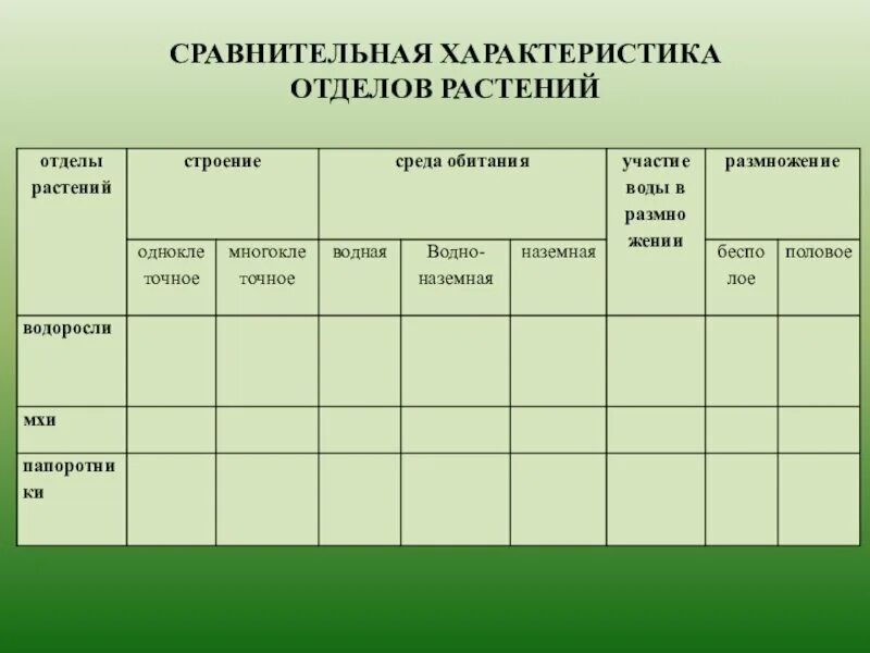 Характеристики основных групп растений