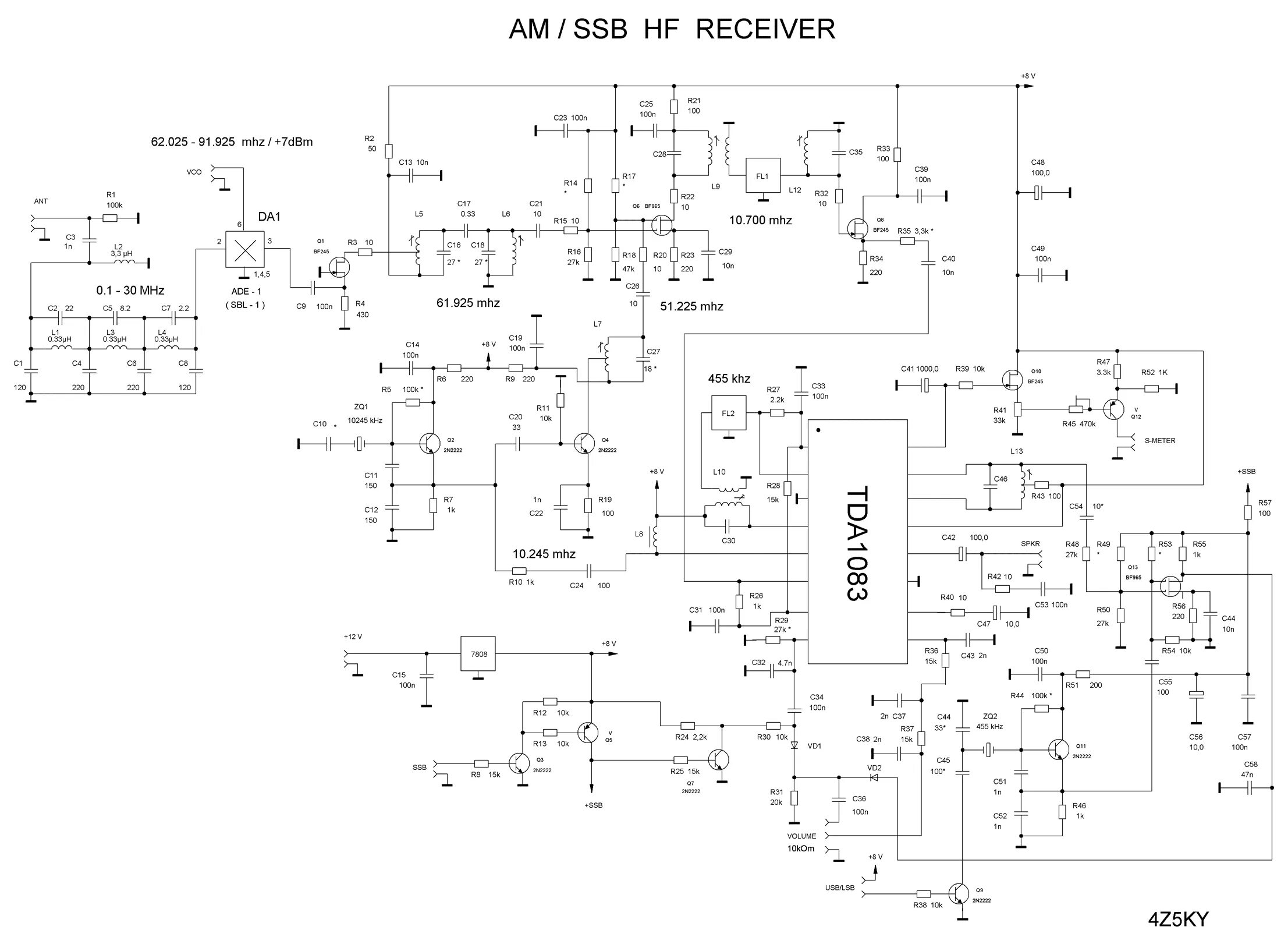 Am ssb приёмник 4z5ky. схема ссб трансивер. схема трансивера прямого преобразования на 20 метров. схема приемника am ssb 3мгц. Ssb приемник на 80м.