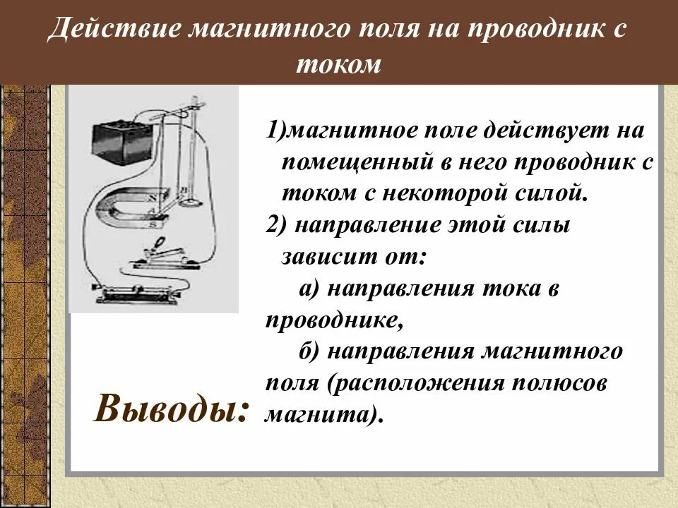 От чего зависит магнитное действие катушки. Действие магнитного поля на проводник с током. Действие магнитного поля на проводник. Действие магнитного поля на ток. Действие магнитного поля на проводник с током рисунок.