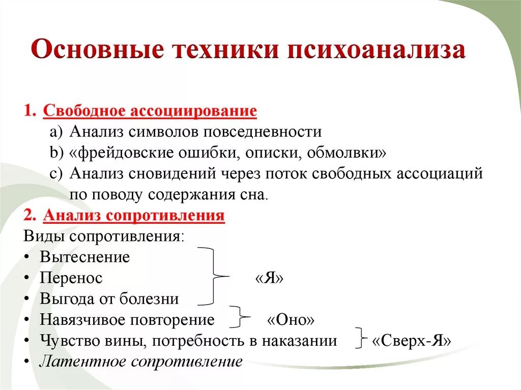 Свободно разбор. Основные техники психоанализа. Сопротивление в психоанализе. Основные методы психоанализа. Техники психоаналитической терапии.