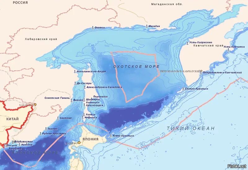 Границы Охотского моря на карте. Границы Охотского моря на карте России. Территориальные воды Охотского моря. Морские границы России в Охотском море.