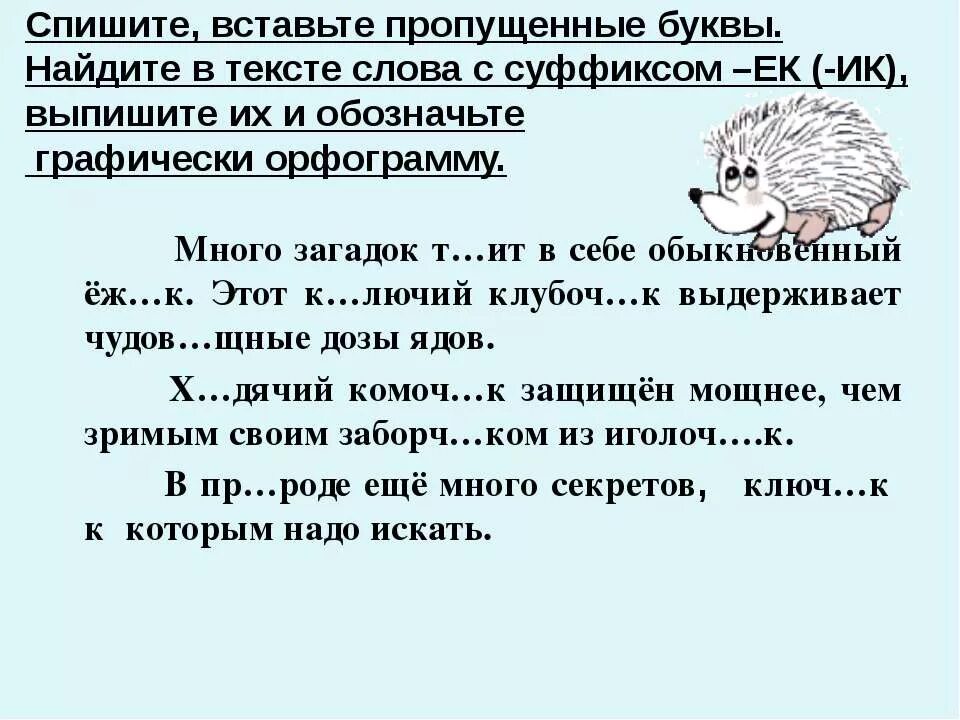 Правописание суффиксов диктант. Задания на правописание суффиксов ЕК ИК. Суффиксы существительных задания. Текст с суффиксами ИК ЕК.