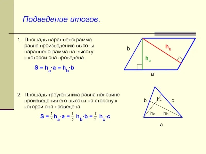 Площадь через сторону и высоту. Формула площади параллелограмма через треугольники. Площадь прямоугольного треугольника площадь параллелограмма. Площадь треугольника через площадь параллелограмма. 2 Формулы площади параллелограмма.