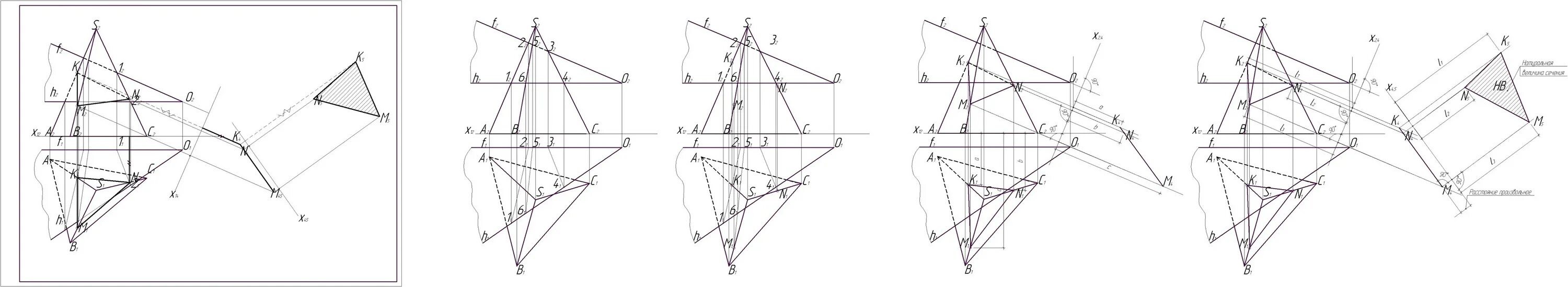 Четыре варианта различных перпендикуляров. Эпюр сечение пирамиды. Перпендикуляр к плоскости на эпюре. AUTOCAD перпендикуляр к линии.
