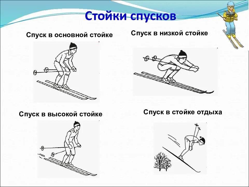 Спуск в основной стойке на лыжах техника. Низкая стойка на лыжах. Техника выполнения спуск «основной стойке». Техника спуска в низкой стойке. Техника спуска в низкой стойке.