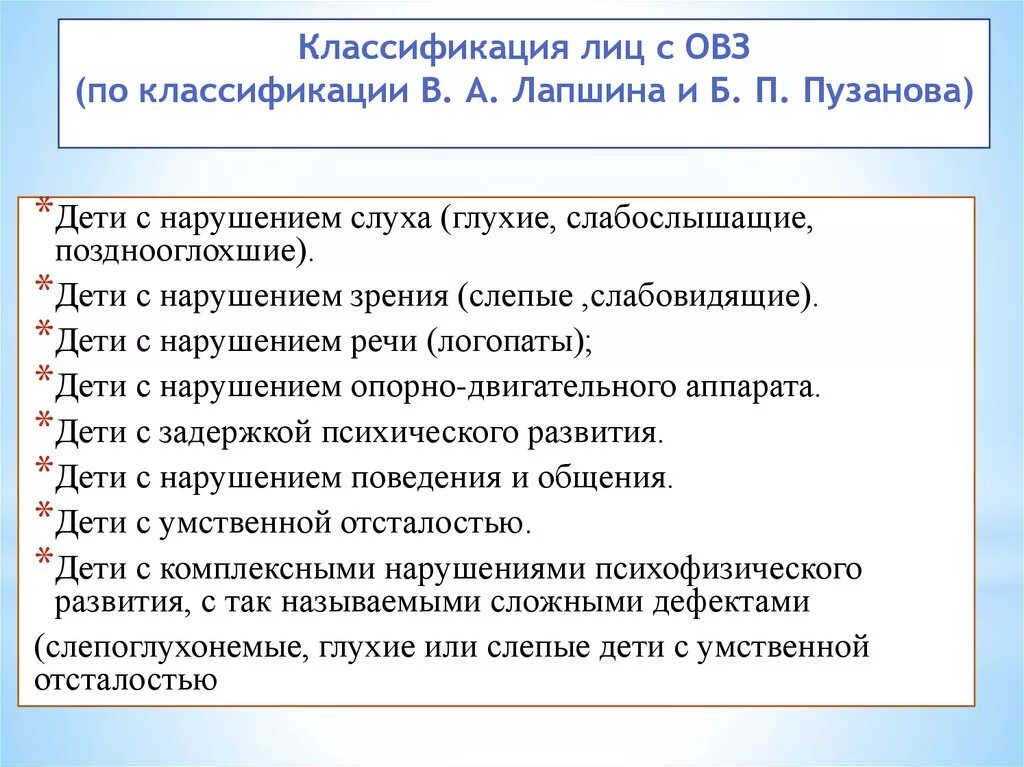 Какие категории лиц. Классификация Лис с ОВЗ. Классификация нарушений детей с ОВЗ. Систематика лиц с ОВЗ. Классификация нарушений в развитии у детей.