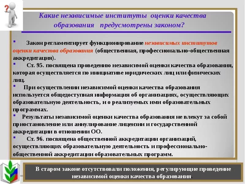 Оценка деятельности учреждения образования. Оценка качества образования. Формы независимой оценки качества образования. Общественная оценка качества образования. Независимая оценка качества образования в институте.