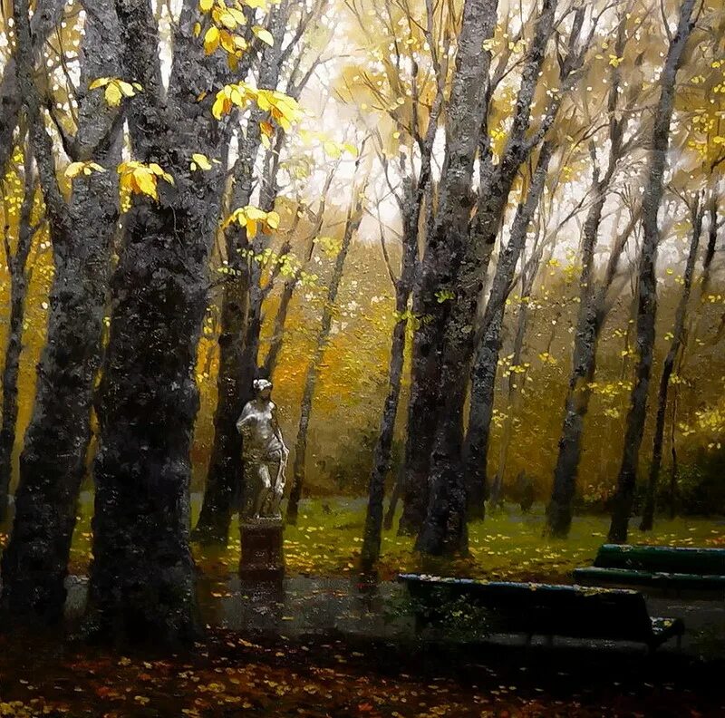 Миша сквозь листву глядит на старинный сад. Осень художника Виктора Низовцева.