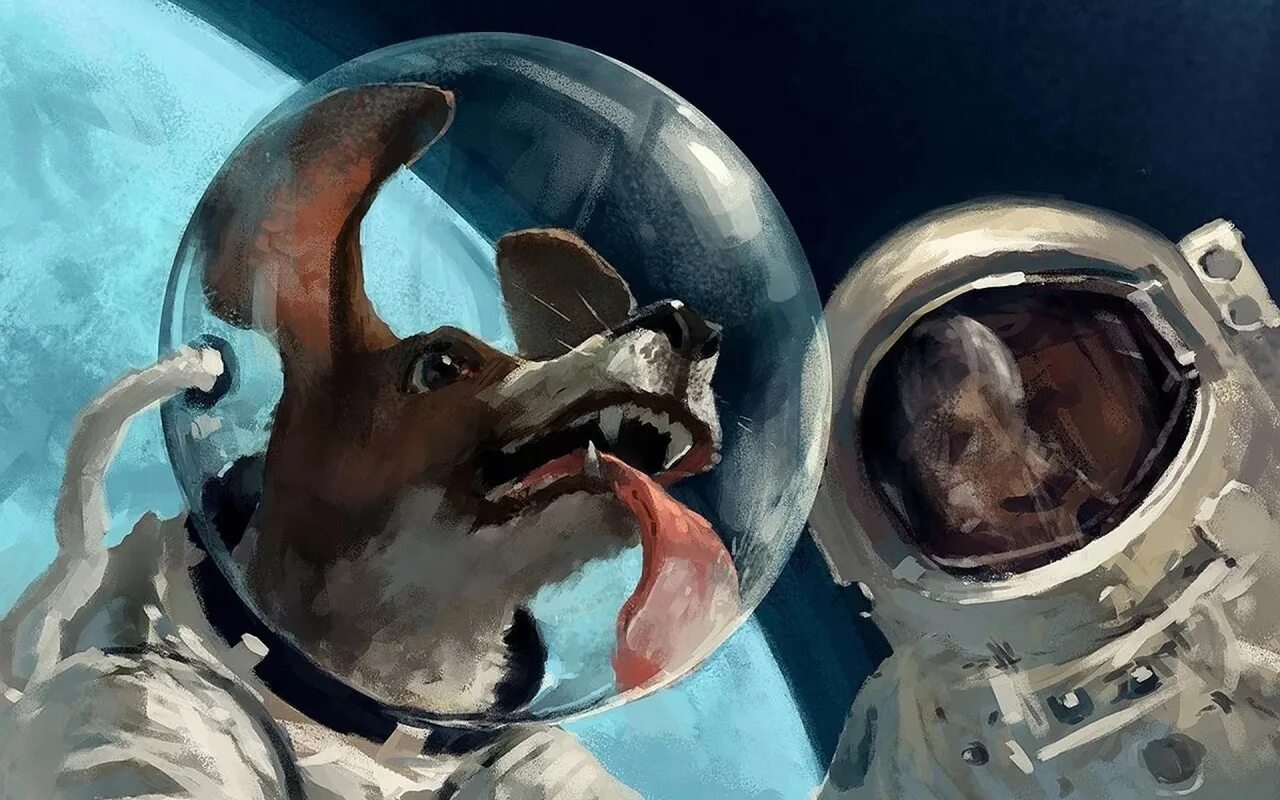 Космонавт слушает и улыбается. Скафандр белки и стрелки. белка и стрелка в скафандрах. животные в космосе. собаки космонавты.