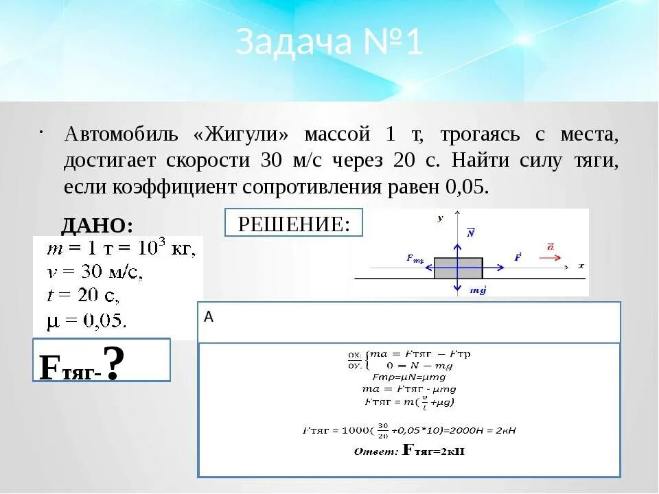 Найти силу тяги. Автомобиль массой 1.5 т. Задачи на силу тяги. Автомобиль массой 2 т трогается с места.