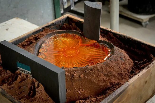 Glass made from sand. Murano Glass making process in Kiln. Kiln Glass. Glasses casting. The sequence of casting Metals into a Sand Mold.