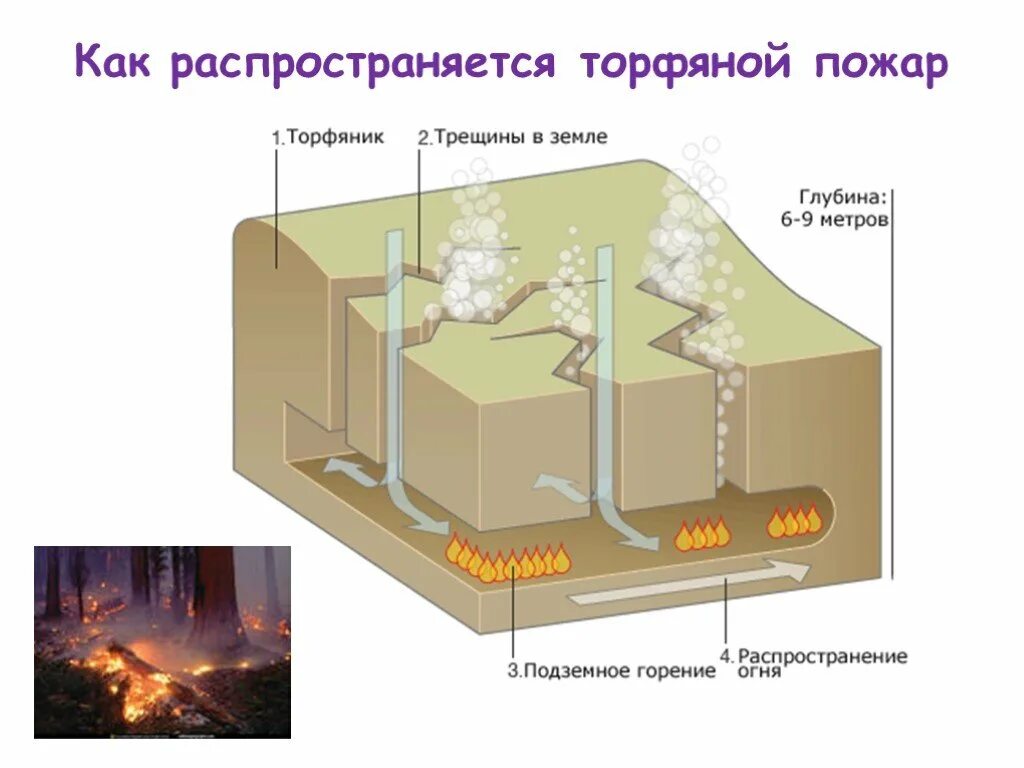 При каком виде пожара горит торфяной слой. Схема тушения торфяного пожара. торфяные пожары в разрезе. торфяной пожар схема. схема развития торфяного пожара.