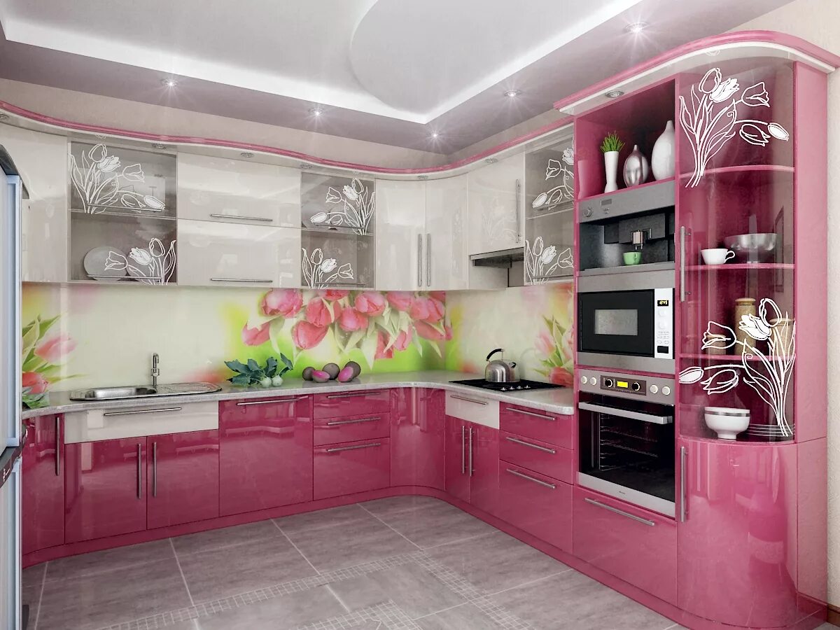 Интерьер угловой кухни. Кухня Валерия Сурская мебель с радиусными фасадами. Угловые кухни. Розовая кухня. Кунай красивый.