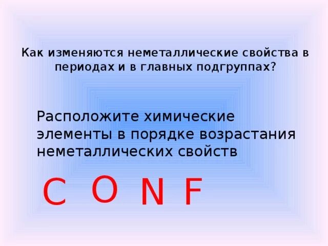 Неметаллические свойства o s. Как изменяются неметаллические свойства в периоде. Как изиеняютсянеметалические свойства. Расположите химические элементы в порядке возрастания. Неметаллические в главных подгруппах.