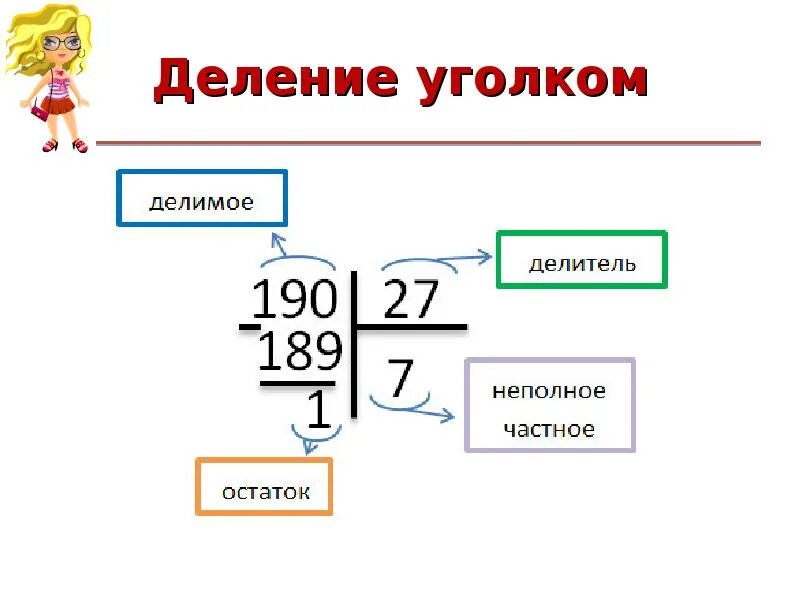 Деление в столбик с остатком. Деление уголком. Деление уголком с остатком. Деление уголком примеры.