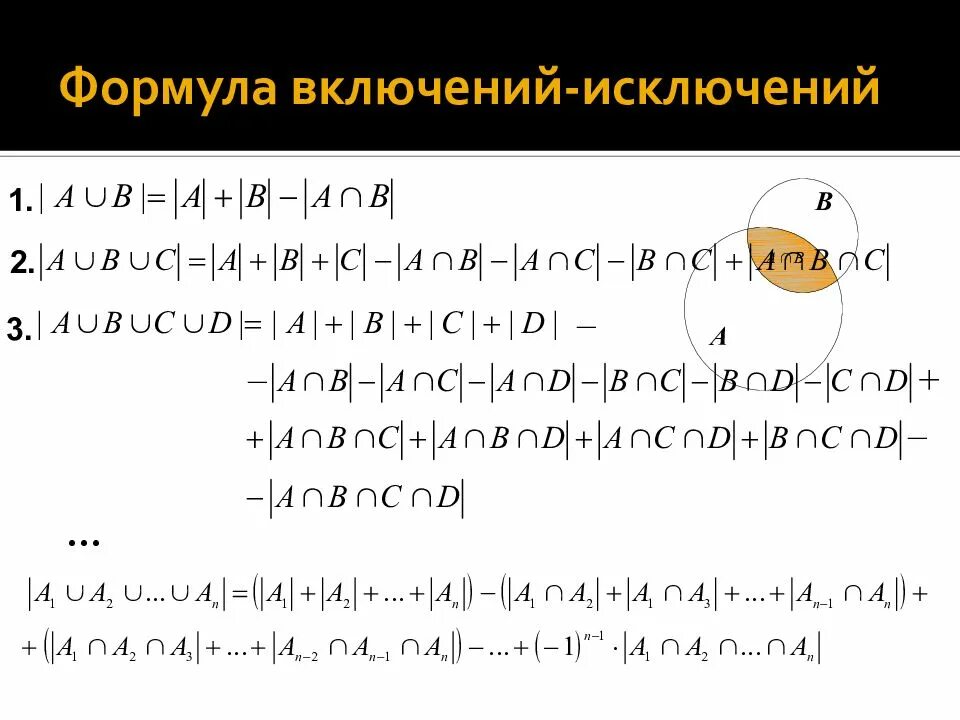 Множества включения исключения. Формула включений и исключений дискретная математика. Метод включений и исключений. Формула включений и исключений для 2 множеств. Формула включений и исключений для 4 множеств.