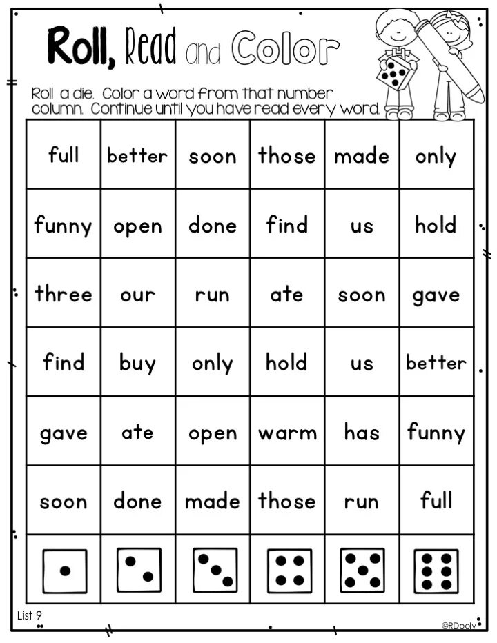 Roll and read Worksheet. Read and Color Worksheets. Roll and read Phonics for Kids. Roll and read for Kids.