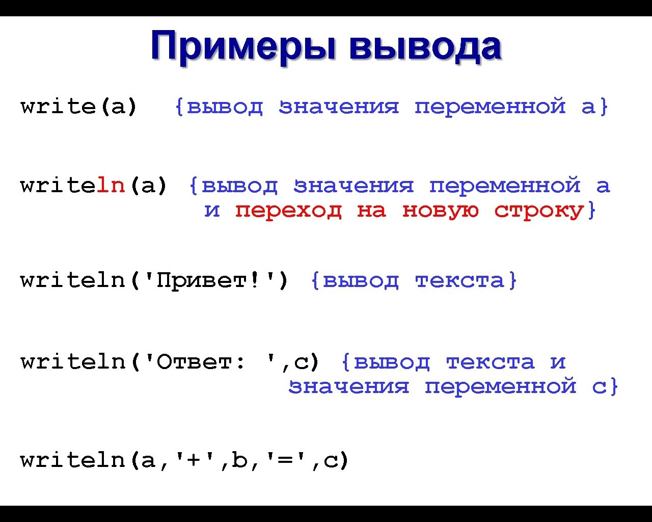 Какой оператор выводит значение на экран. Вывод переменной в Паскале. Ввод переменных в Паскале. Операторы ввода и вывода. Вывод переменных в Паскале.