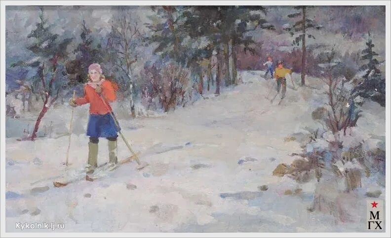 Картина лыжники. Кустодиев лыжники картина. Кустодиева лыжники.