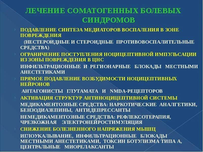 Читать синдром подавления. Лечение болевого синдрома. соматогенные, нейрогенные и психогенные болевые синдромы.. методы лечения болевых синдромов. нестероидные противовоспалительные средства подавляют биосинтез:.