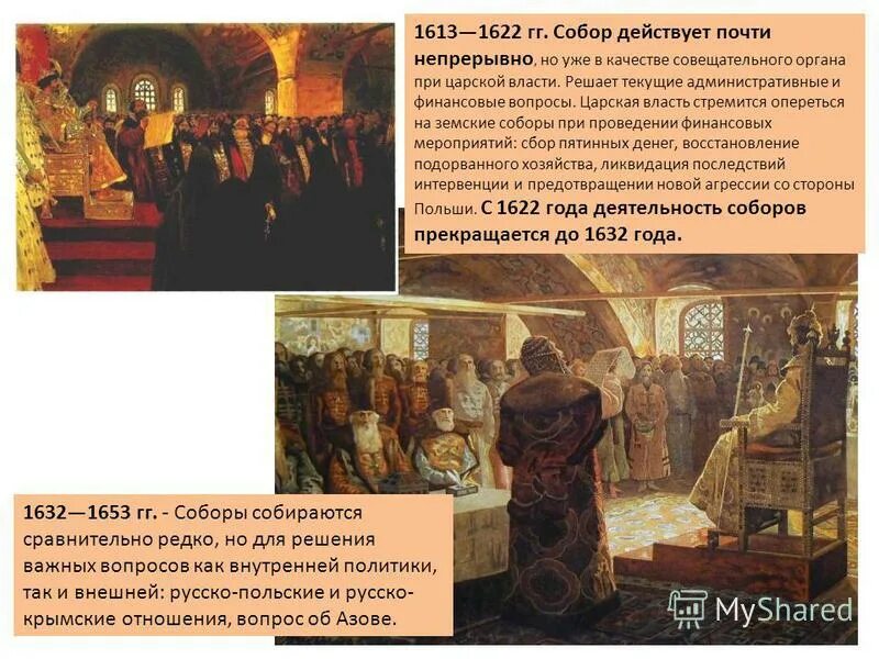 Царские власти проводили политику. Земские соборы 1613-1622.