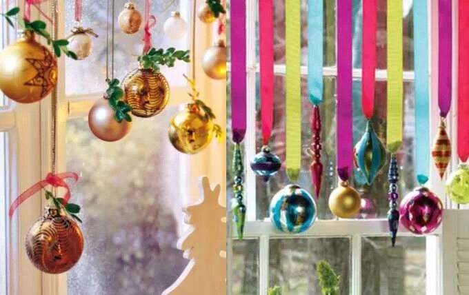 а митт шар в окошке. декор окна на новый год елочными шарами. украшение дома к новому году. подвесные новогодние украшения. шарики окошко.