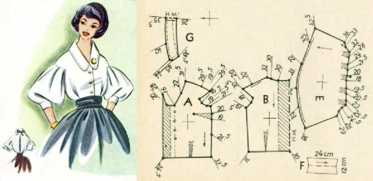 Выкройка платья с фонариками. Выкройка блузки. Ретро выкройки. Выкройка блузки с рукавом. Выкройка платья с пышными рукавами.