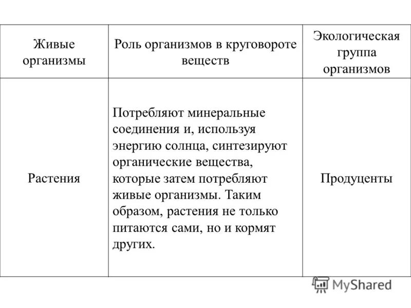 Какую роль играют организмы производители. Роль организмов в круговороте веществ. Роль живых организмов в круговороте веществ. Значение растений в круговороте веществ. Роль организмов в круговороте веществ таблица.