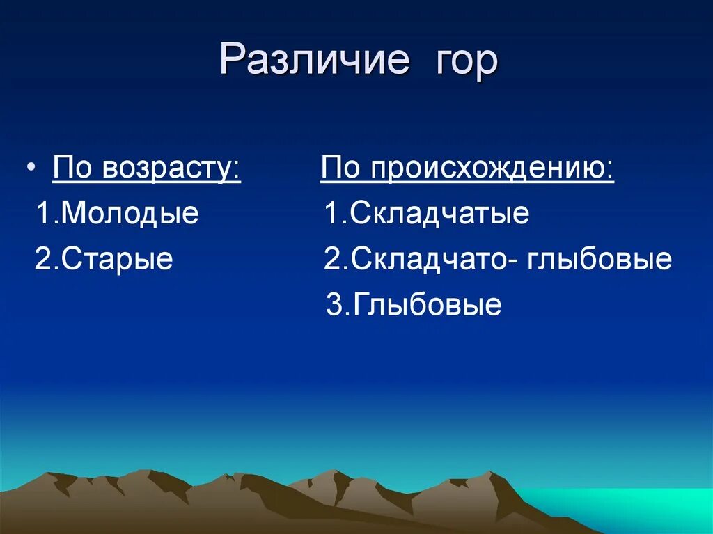 Что общего и какие различия в рельефе. Различие гор. Виды гор по происхождению. Горы по происхождению бывают. Различие гор по происхождению.