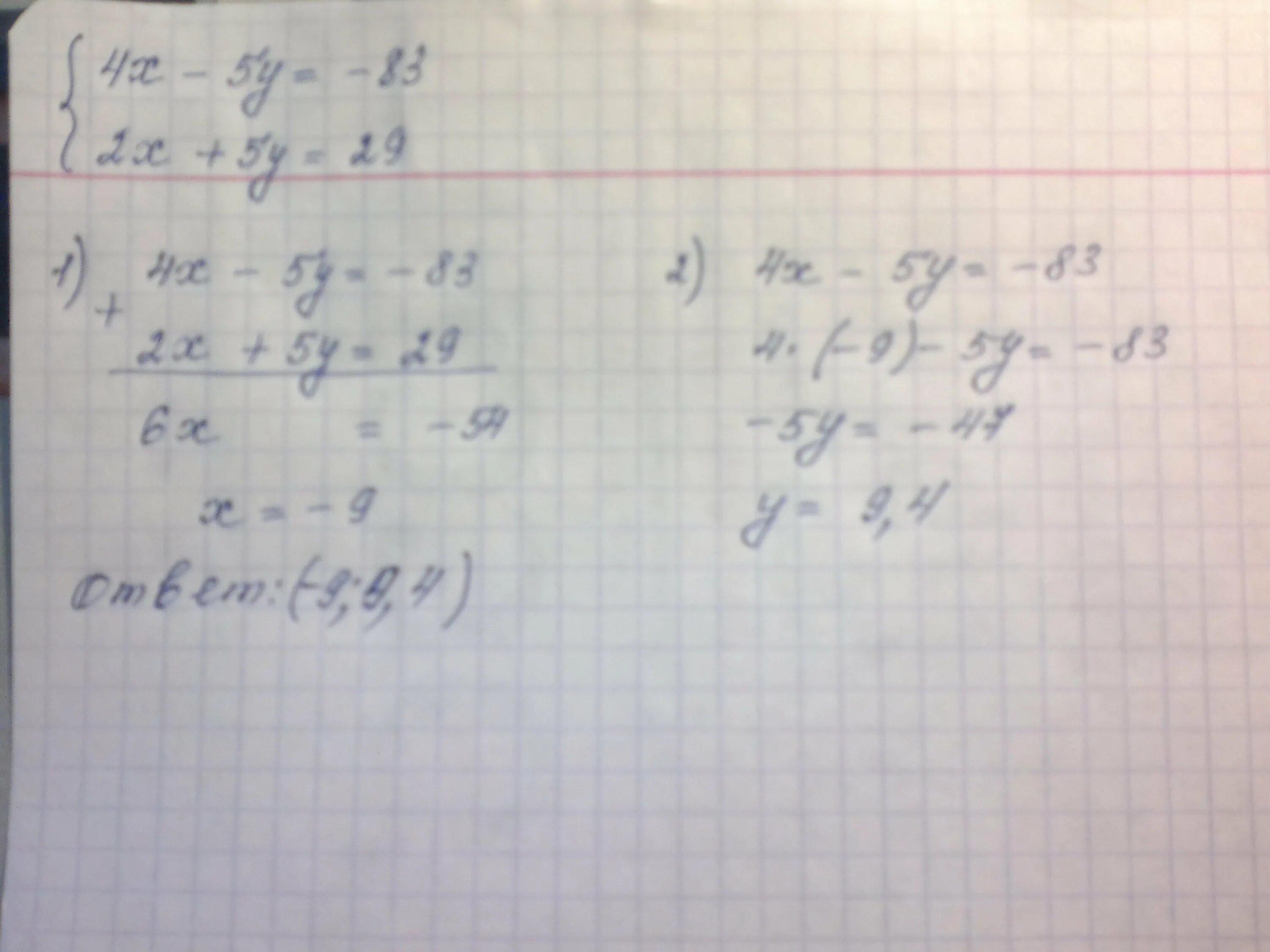 Решить систему способом сложения 2x y 5. Решите методом сложения систему уравнений 4x-5y -83. Решите методом сложения систему уравнений 4x-5y -83 2x+5y 29. Решите методом сложения систему уравнения 4 x. 4x-5y=-83 2x+5y=29.