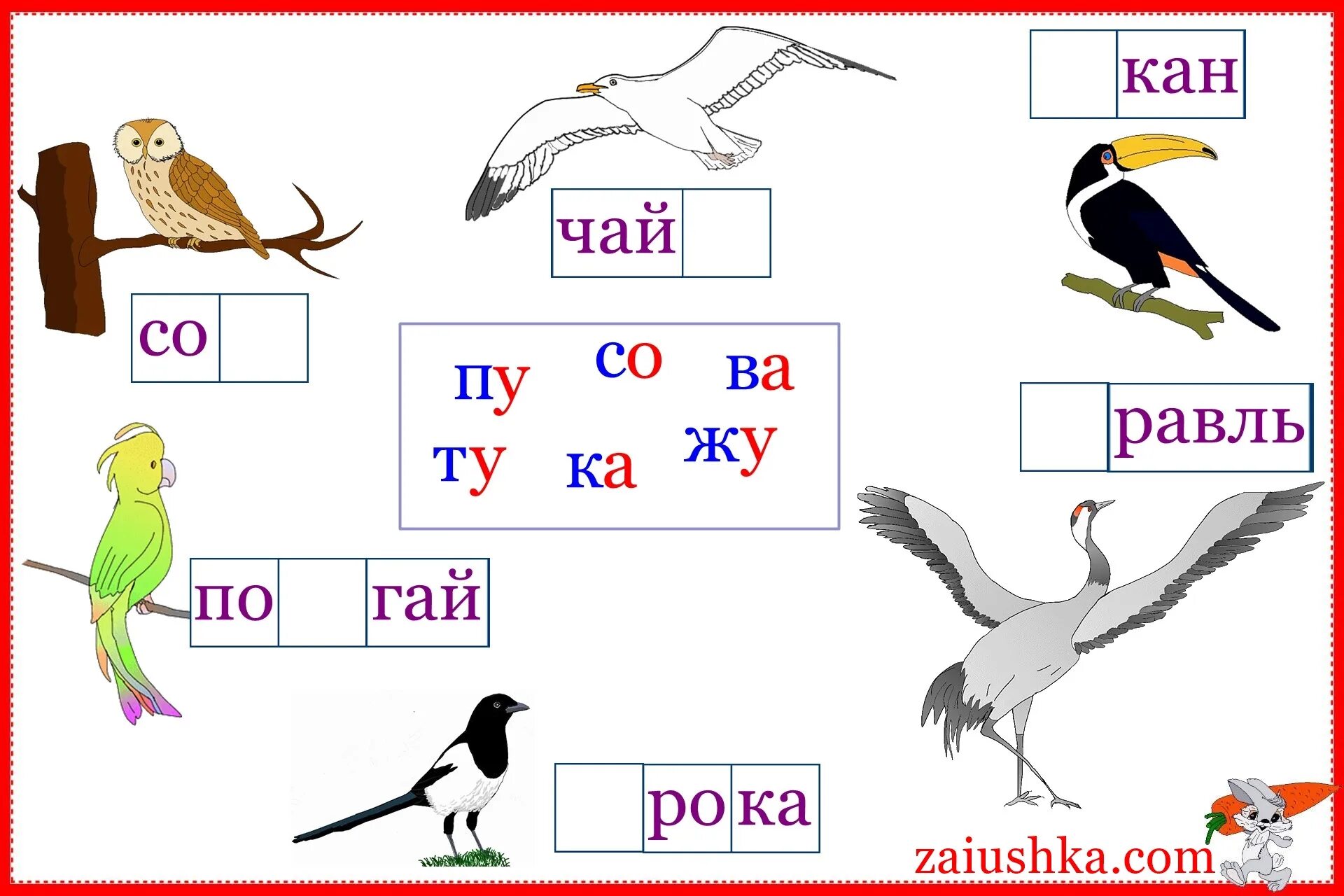 Чтение по слогам птицы. Птицы задания для дошкольников. Карточки слоги с картинками. Задание со слогами для детей.