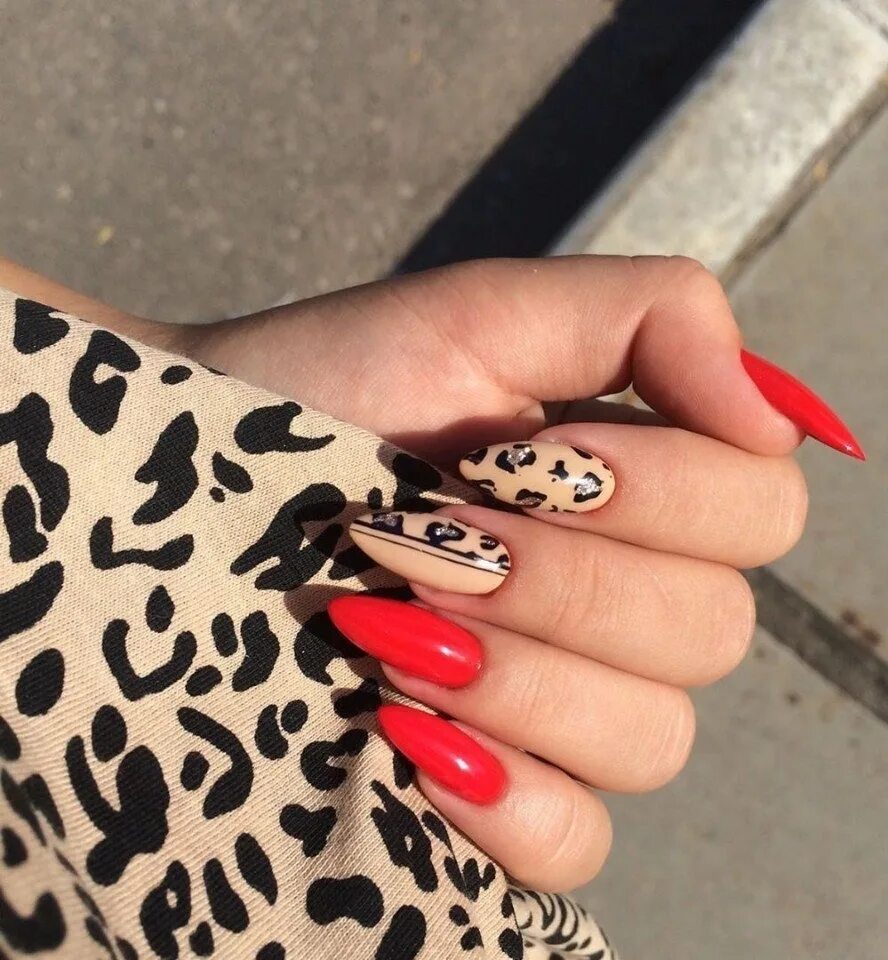 Дизайн ногтей с принтом. Красный маникюр с леопардовым принтом. Саиоюр с оеопардовым приниом. Леопардовый маникюр.