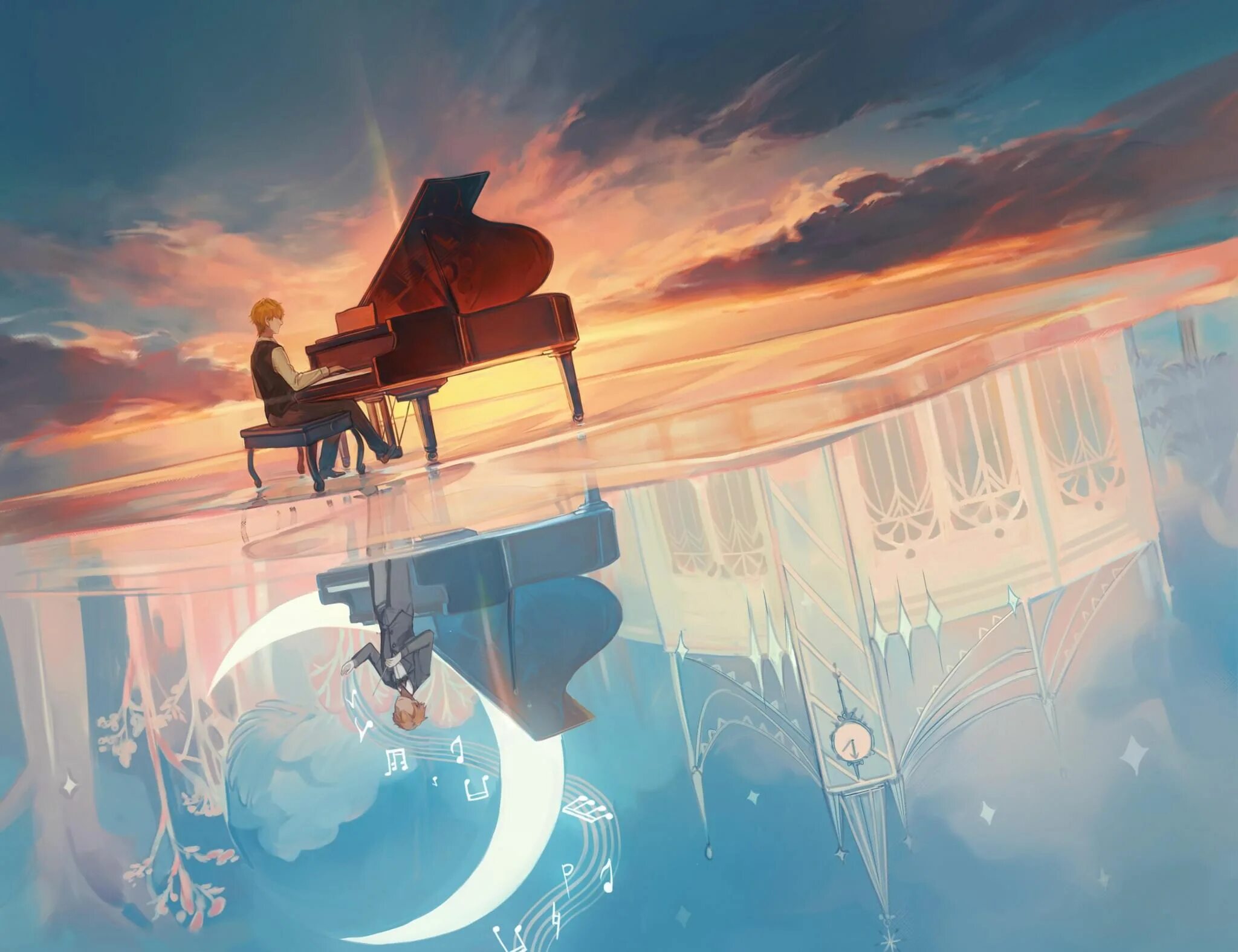 Пианино арт. Музыкальный пейзаж. Красивый рояль. Рояль в небе арт.