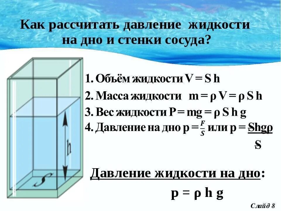Формула силы гидростатического давления жидкости. Формула расчета давления жидкости воды. Как посчитать силу давления жидкости. Формула для расчета давления жидкости.