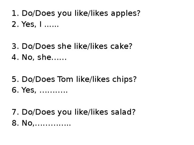 He doesn t like his. Задания английский на do does. Do does did упражнения. Английский do does упражнения. Like упражнения.