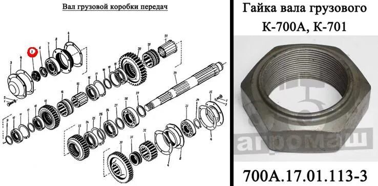 Вал кпп к 700. 700а.17.01.427. вал грузовой кпп к-700. гайка 700а.17.01.427-1. сальник нижнего вала кпп к 700.