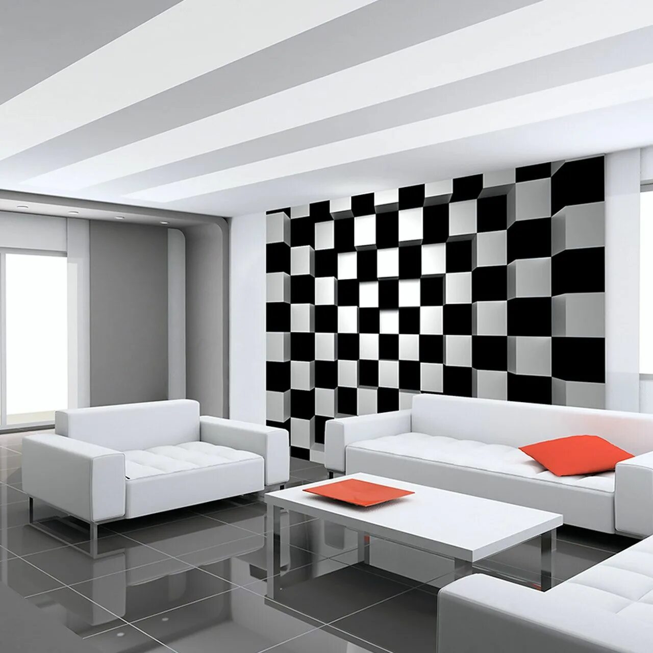 Комната в шахматном стиле. Цветовые иллюзии в интерьере. Черно белый интерьер комнаты. Черно белые стены в интерьере. Стена квадратики