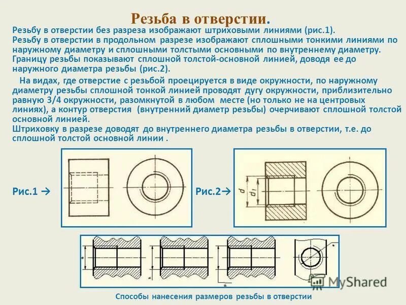 Резьба в разрезе на чертеже ГОСТ. Внутренняя резьба диаметр отверстия на чертеже. Сквозное резьбовое отверстие на чертеже. Простановка размеров при наличии резьбы в отверстии. Отдельный отверстие