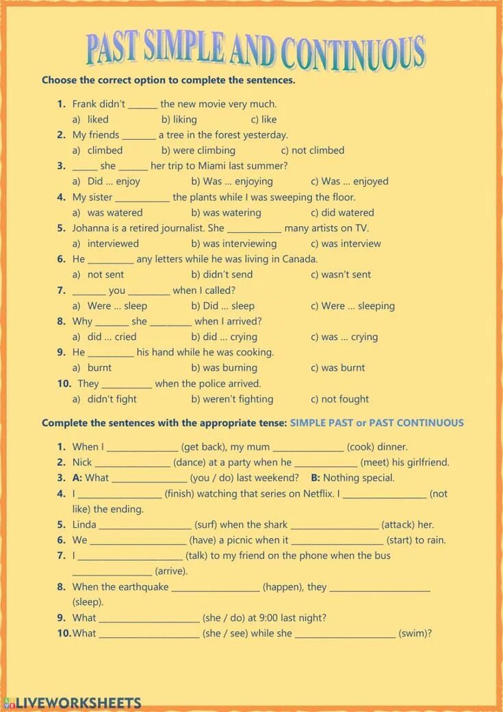 Past Continuous. Past simple past Continuous Worksheets. To get past Continuous. Cook past Continuous. Choose the correct option i can